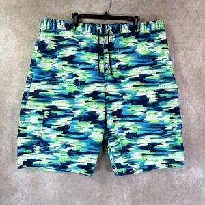 Roundtree Yorke Swim Trunks Mens 2XT Blue Green Abstract Mesh Lined Board Shorts
